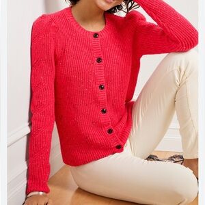 Talbots Sweater Womens Large Red Knit Pull Sleeve Cardigan Holiday Cotton
